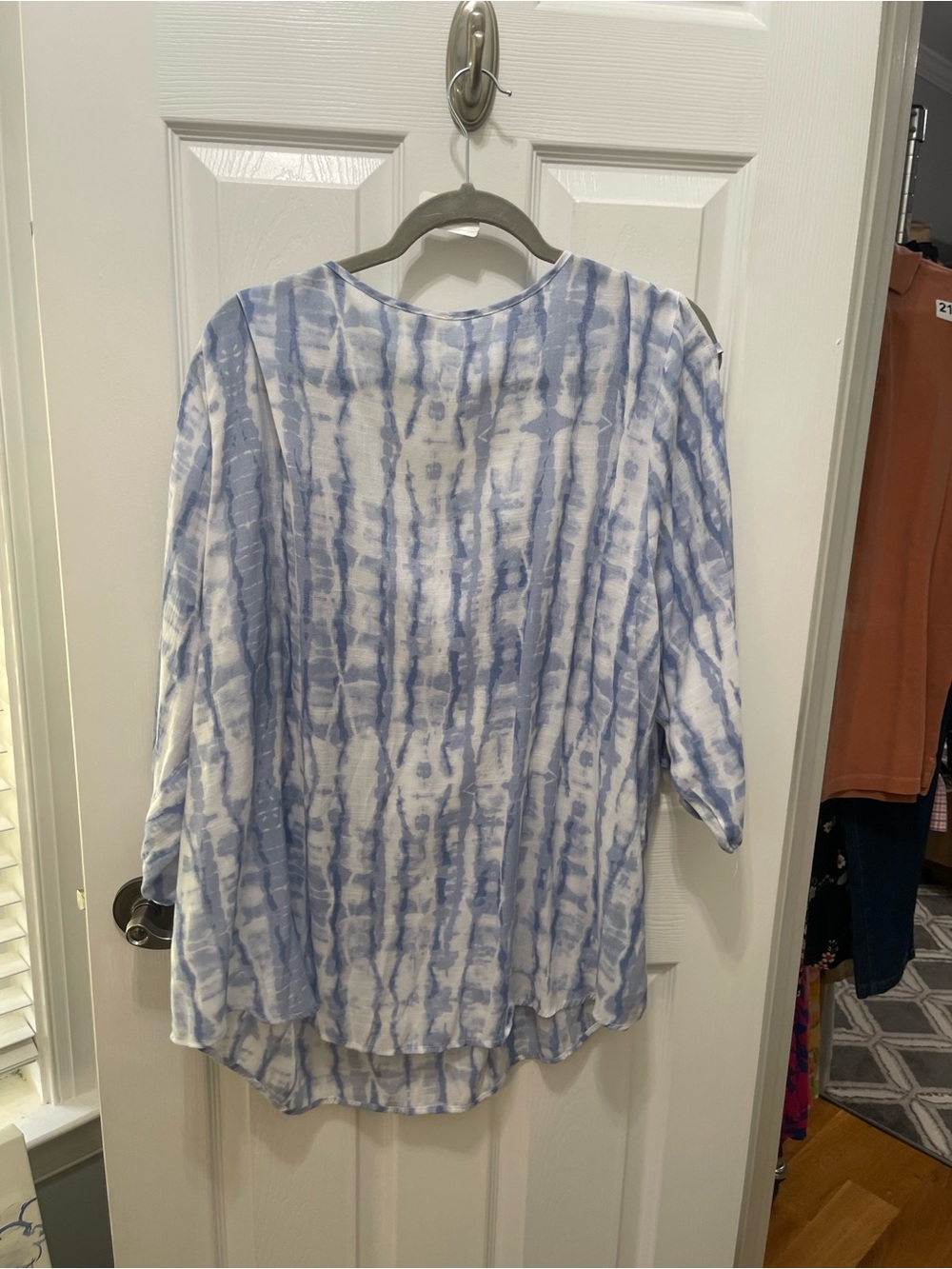 Cato Blue and White Tie-Dye Peasant Blouse with Front Tie - Picture 10 of 13